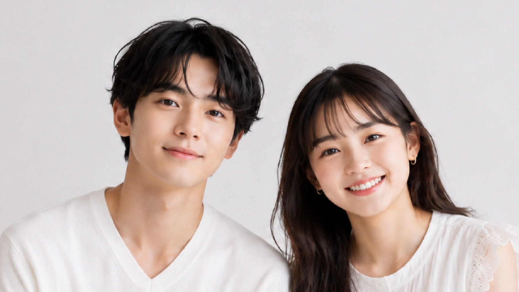 白い服を着た男女2名のモデルが笑顔で並んでいる様子